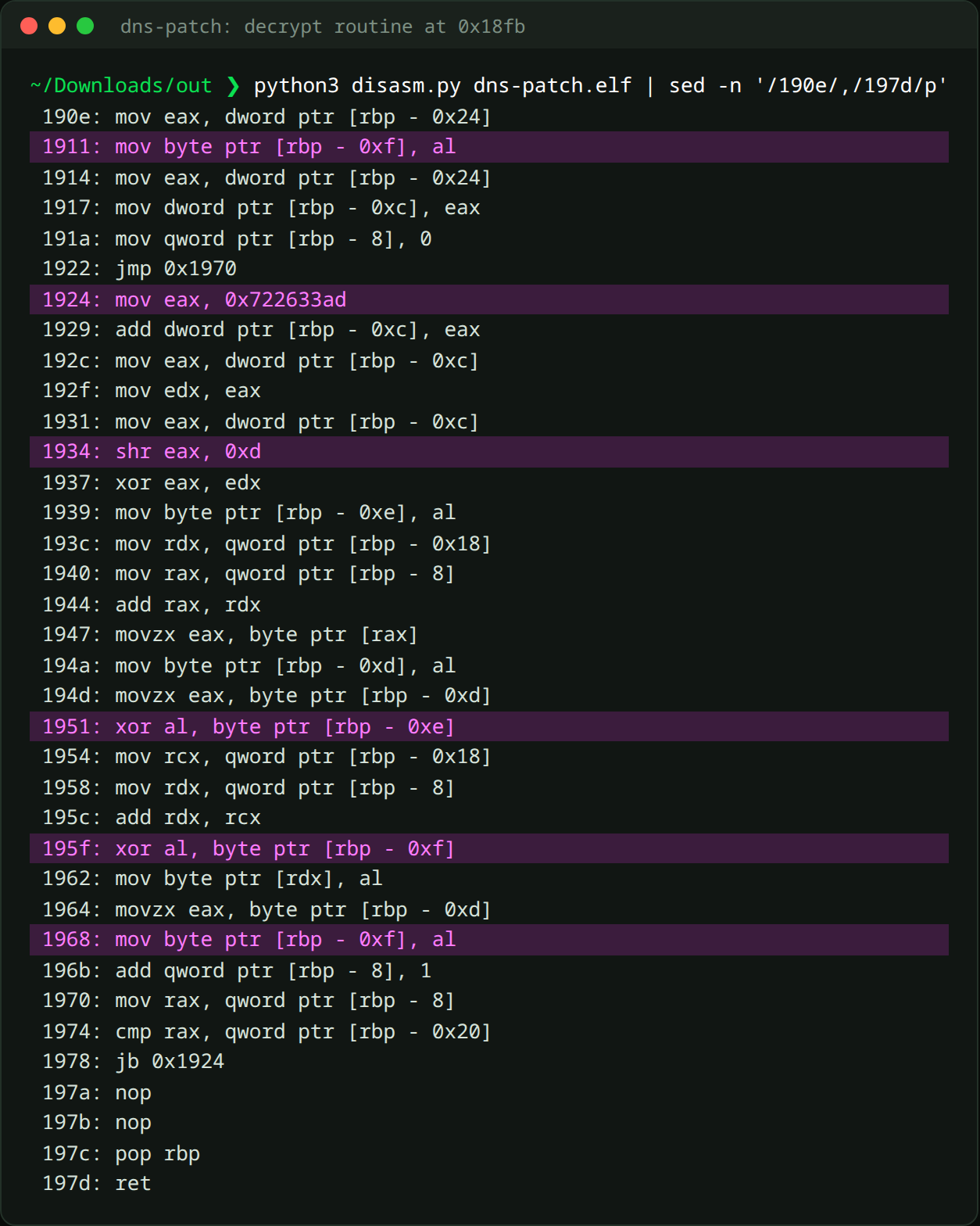 Disassembly of the decrypt routine